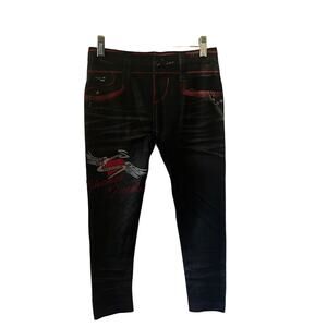 Zora Black & Red Jeans Look Knit Lightweight Leggings One Size NWT